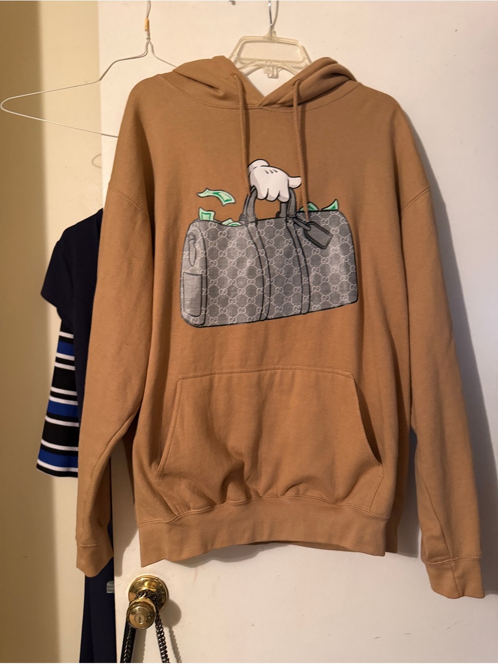 Womens Tan Graphic Hoodie with Duffel Bag Print Size XL